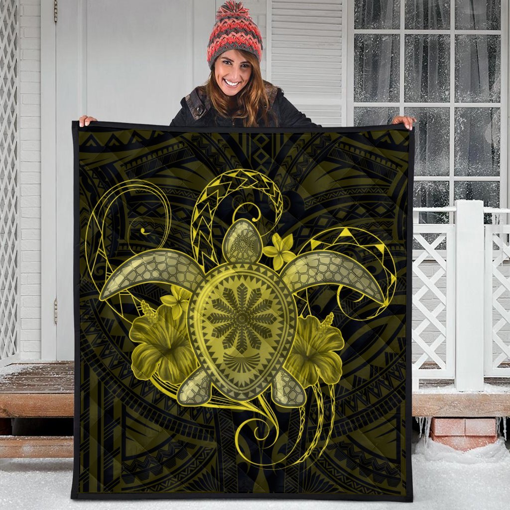 Hawaii Turtle Hibiscus Polynesian Premium Quilts - Full Style - Yellow - AH - Polynesian Pride