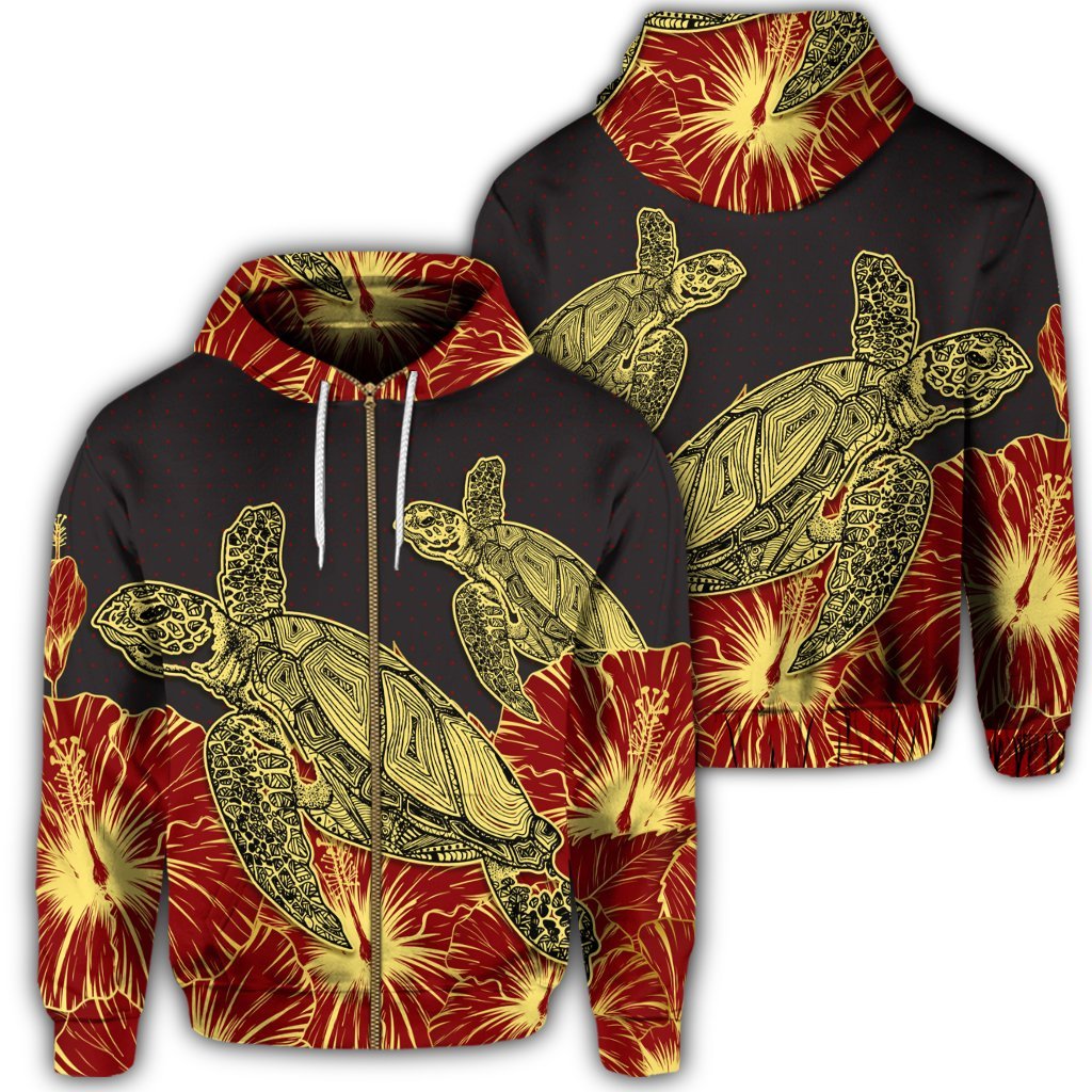 Hawaii Turtle Hibiscus Red Zip Hoodie Unisex Art - Polynesian Pride