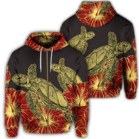 Hawaii Turtle Hibiscus Red Zip Hoodie Unisex Art - Polynesian Pride