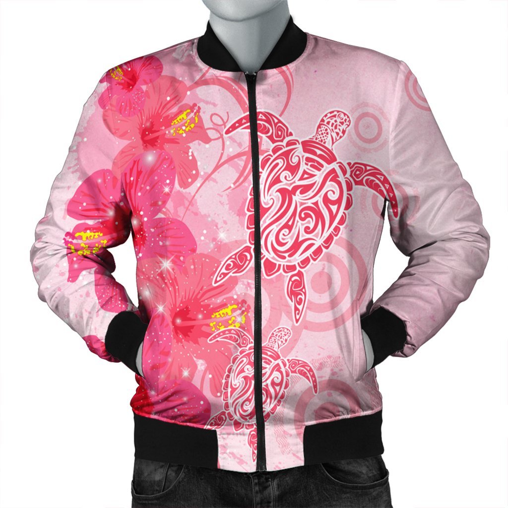 Hawaii Turtle Hibiscus Vintage Pink Bomber Jacket - AH Black Unisex - Polynesian Pride