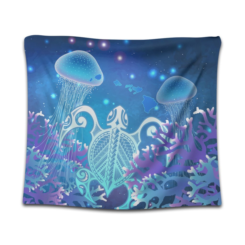 Hawaii Turtle Jellyfish Coral Tapestry Galaxy Tapestry - AH Wall Tapestry Black - Polynesian Pride