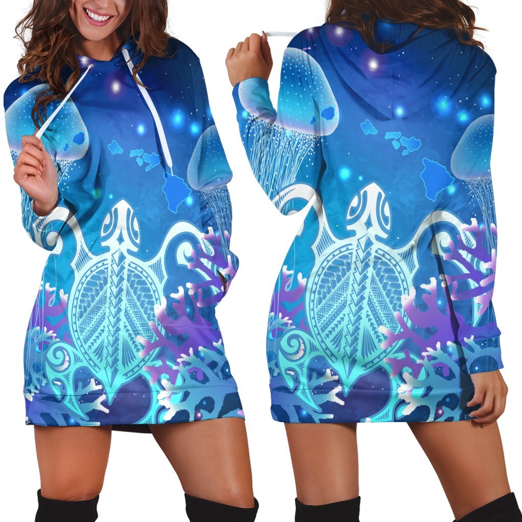 Hawaii Turtle Jellyfish Coral Hoodie Dress Galaxy Hoodie Dress - AH Black - Polynesian Pride