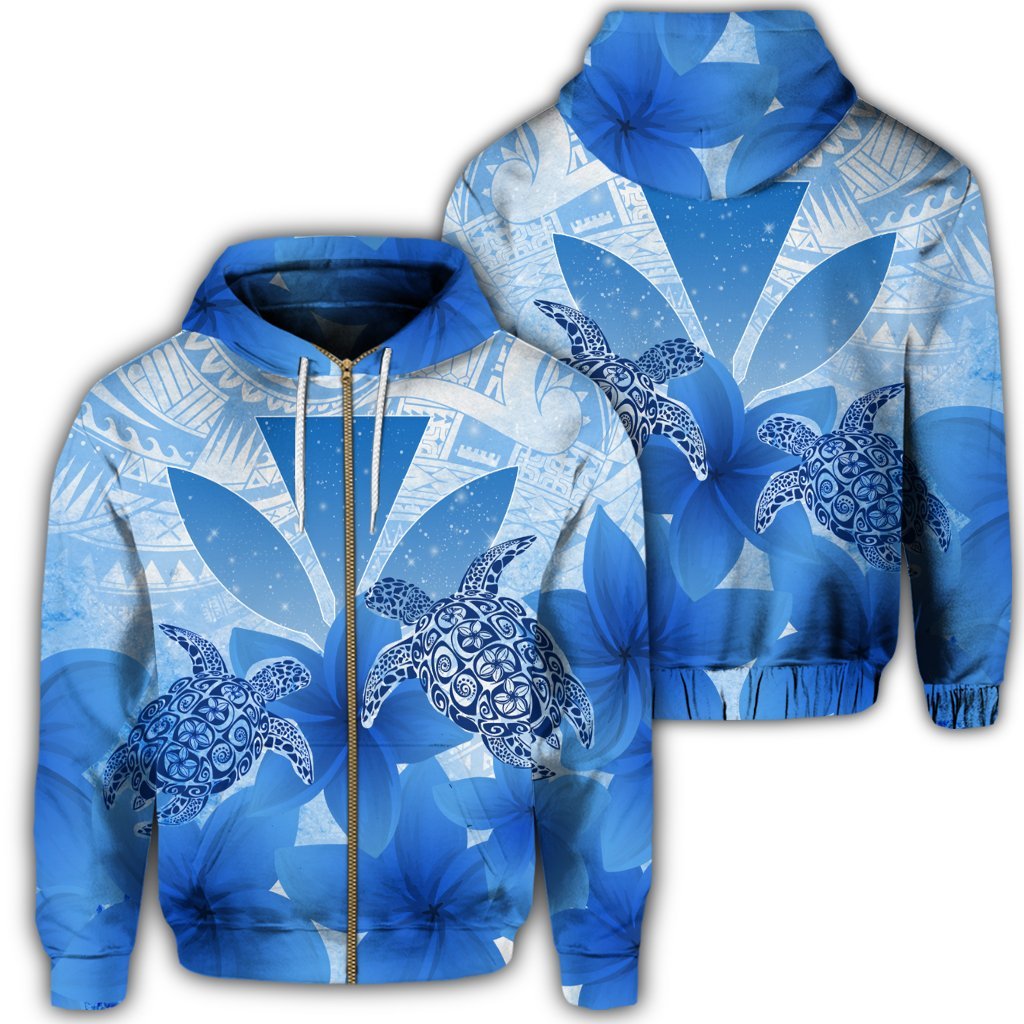 Hawaii Turtle Kanaka Plumeria Polynesian Zip Hoodie Blue Unisex Art - Polynesian Pride