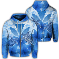 Hawaii Turtle Kanaka Plumeria Polynesian Zip Hoodie Blue Unisex Art - Polynesian Pride