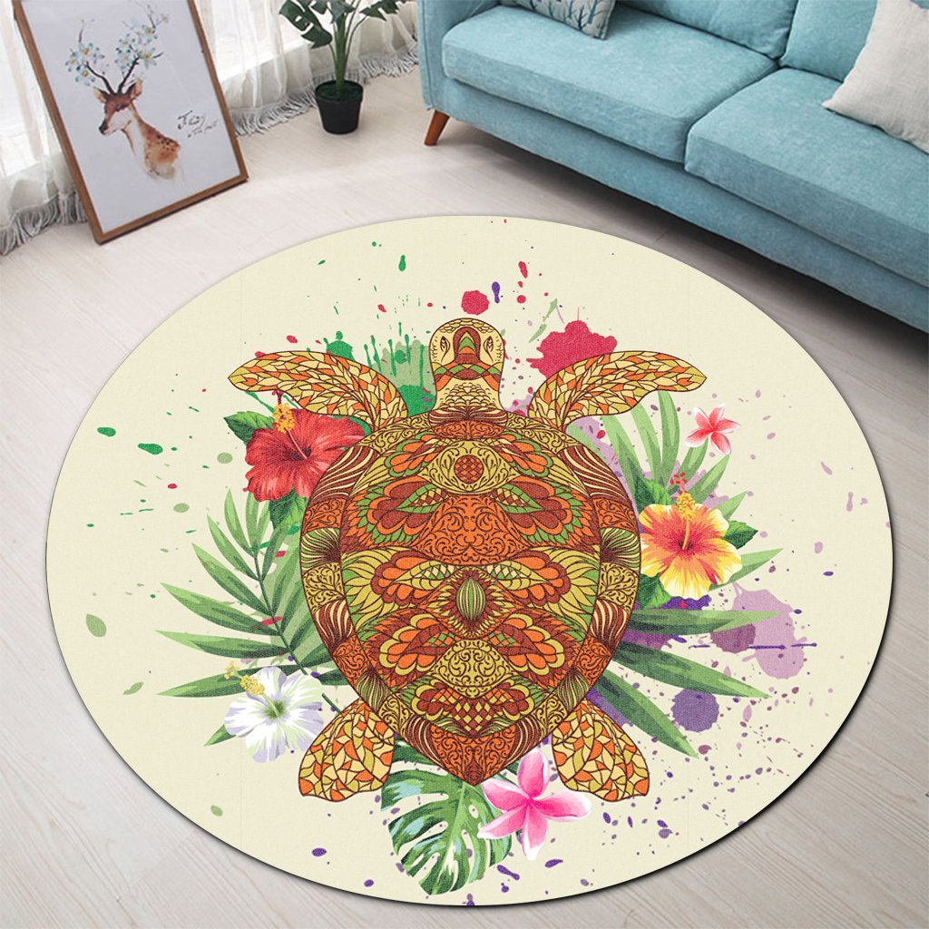 Hawaii Turtle Life Hibiscus Design Round Carpet - AH - Polynesian Pride