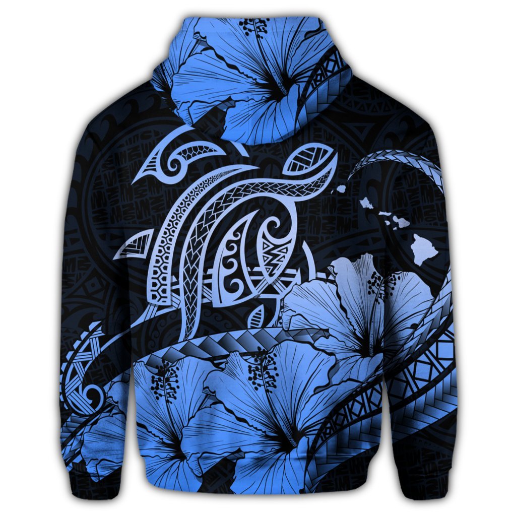 Hawaii Turtle Map Polynesian Zip Hoodie Safety Blue - Polynesian Pride