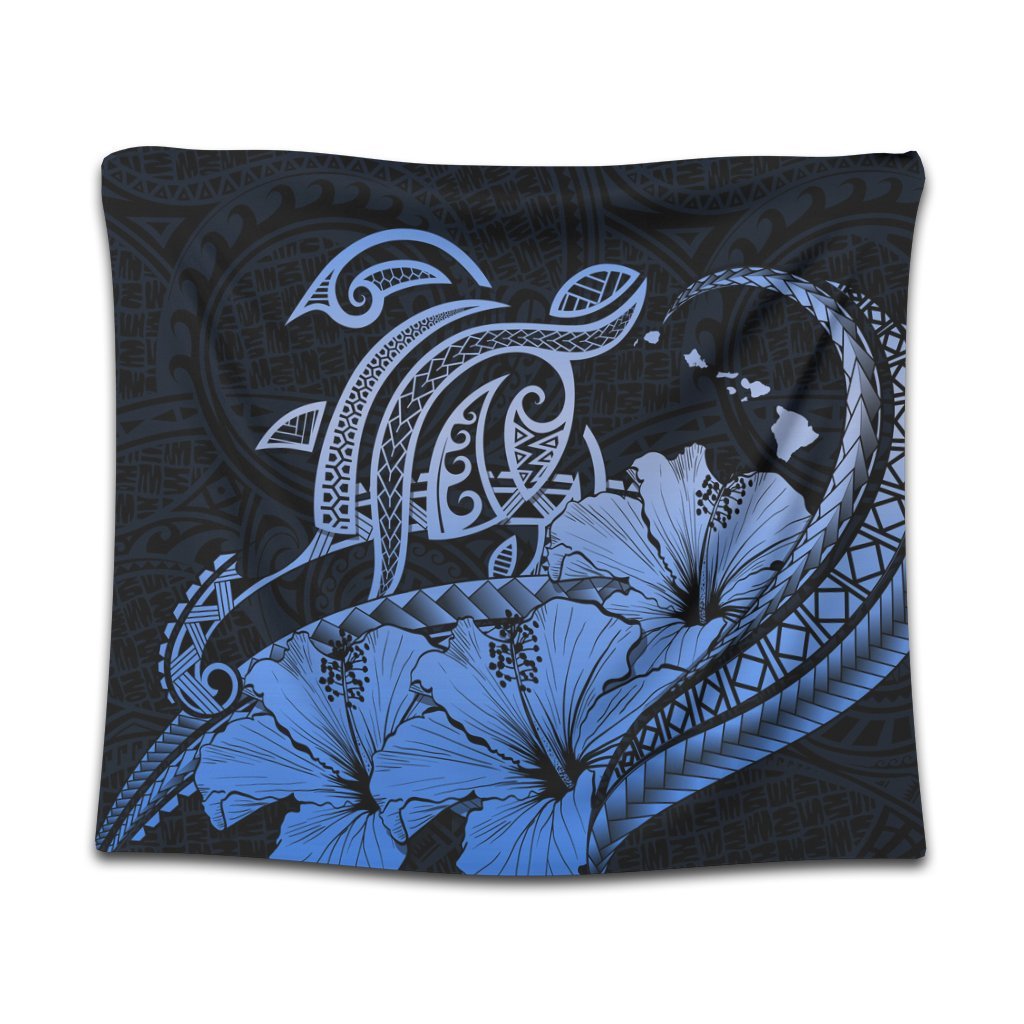 Hawaii Turtle Map Polynesian Tapestry Safety Blue - AH Wall Tapestry Black - Polynesian Pride