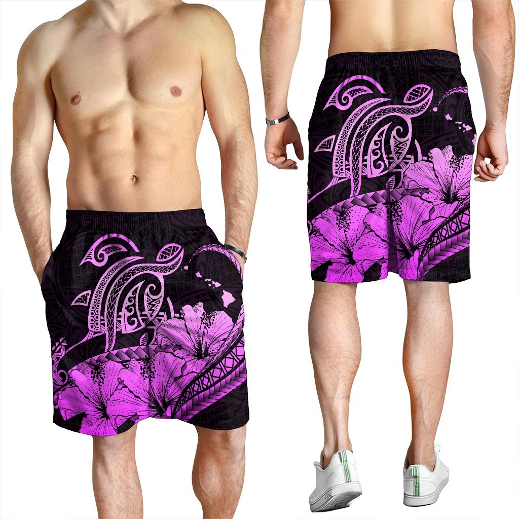 Hawaii Turtle Map Polynesian Men's Shorts Safety Pink - AH - Polynesian Pride