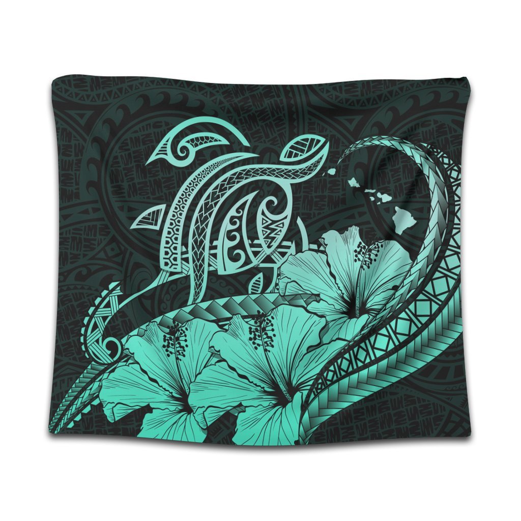 Hawaii Turtle Map Polynesian Tapestry Safety Turquoise - AH Wall Tapestry Black - Polynesian Pride