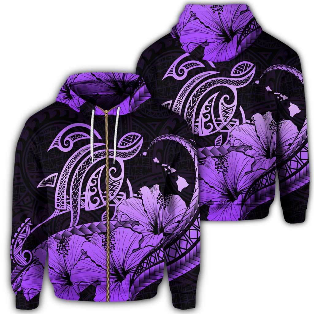 Hawaii Turtle Map Polynesian Zip Hoodie Safety Violet 2 Unisex Art - Polynesian Pride