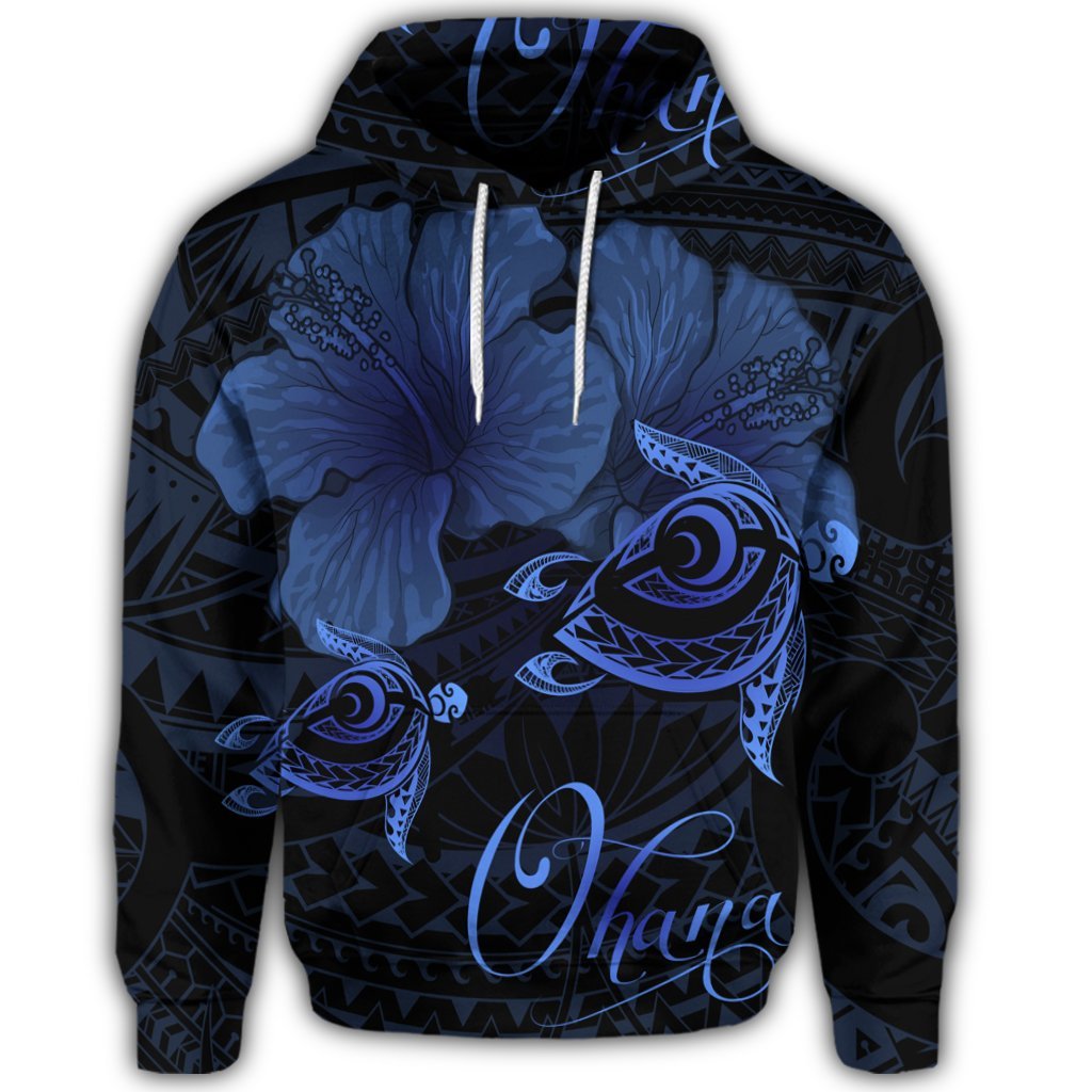 Hawaiian Turtle Ohana Hibiscus Poly Hoodie Blue - Polynesian Pride