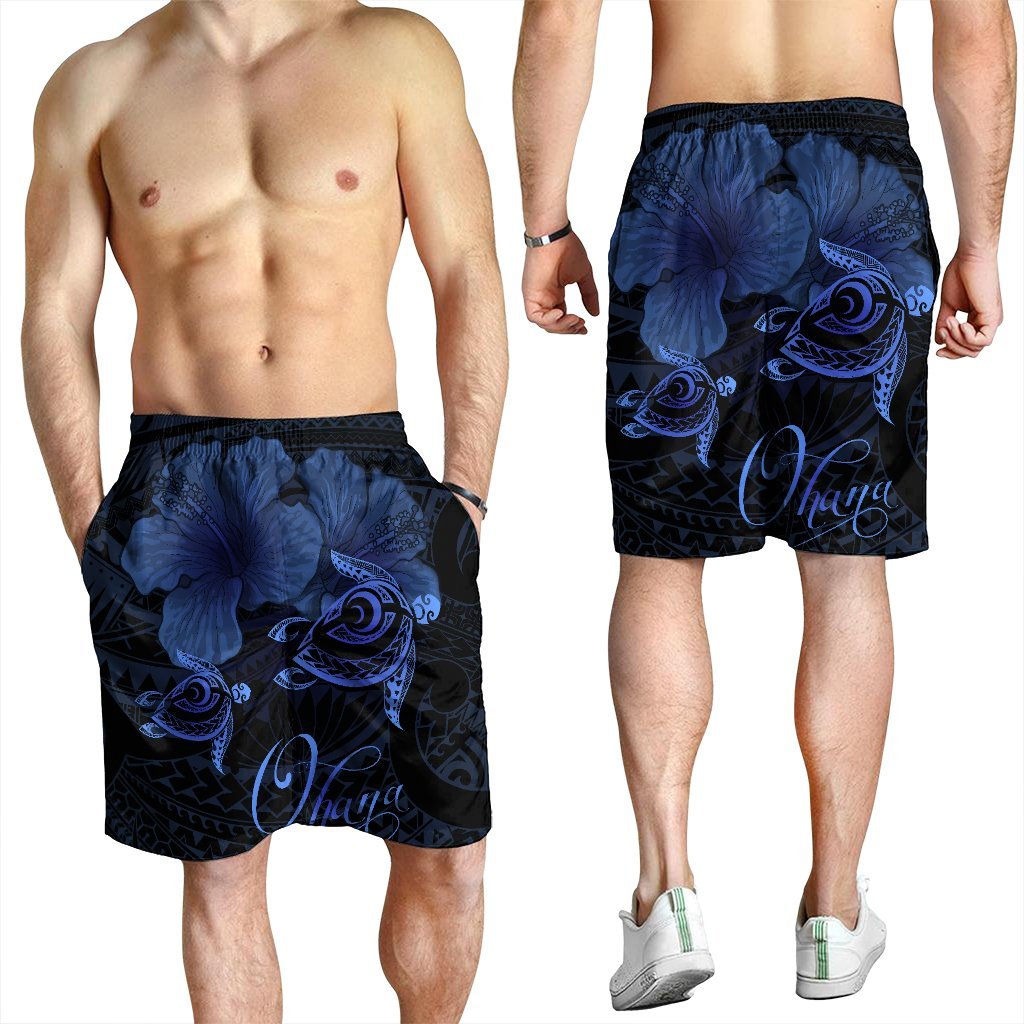 Hawaii Turtle Ohana Hibiscus Poly Men's Shorts - Blue - AH - Polynesian Pride