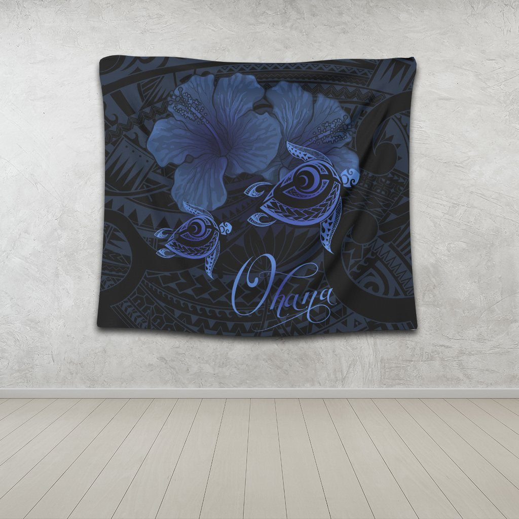 Hawaii Turtle Ohana Hibiscus Poly Tapestry - Blue - AH - Polynesian Pride