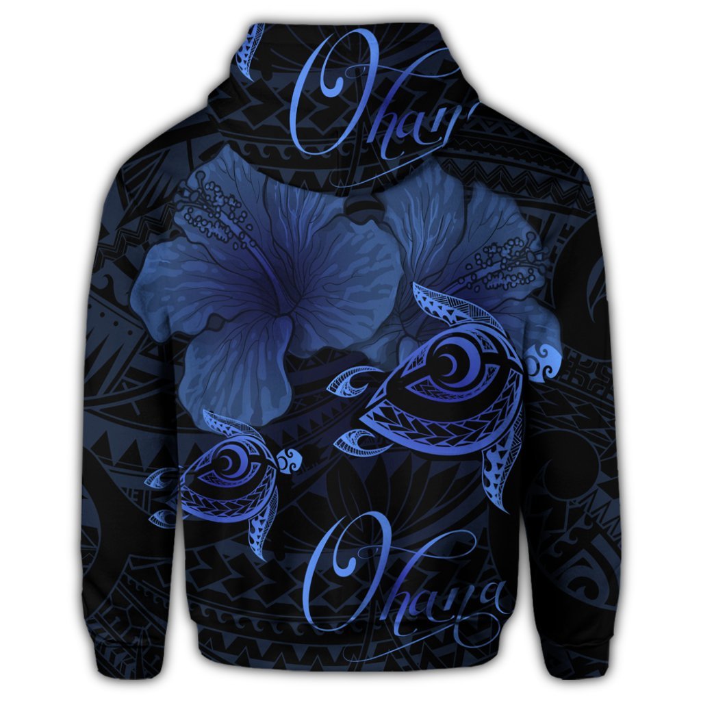 Hawaii Turtle Ohana Hibiscus Poly Zip Hoodie Blue - Polynesian Pride