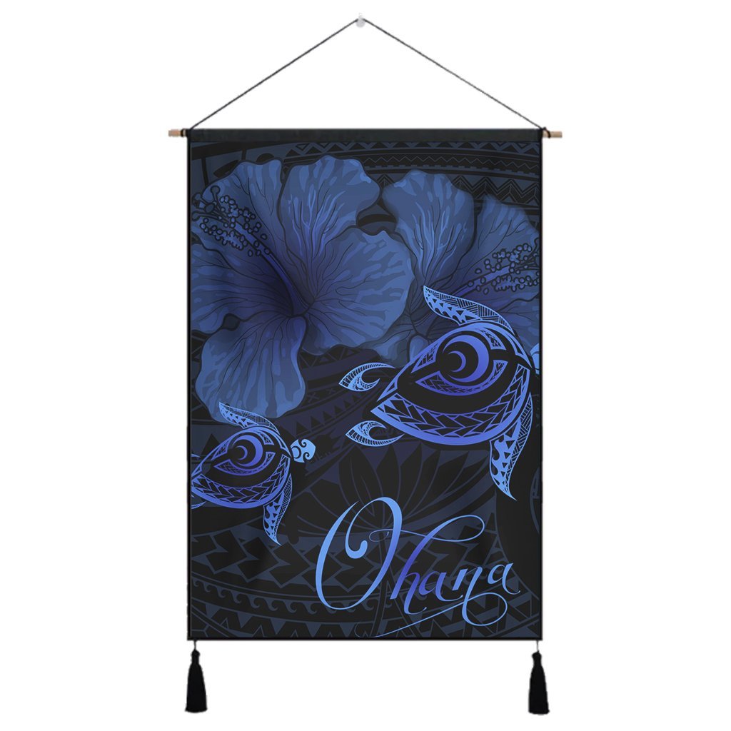 Hawaii Turtle Ohana Hibiscus Poly Hanging Poster - Blue - AH Hanging Poster Cotton And Linen - Polynesian Pride