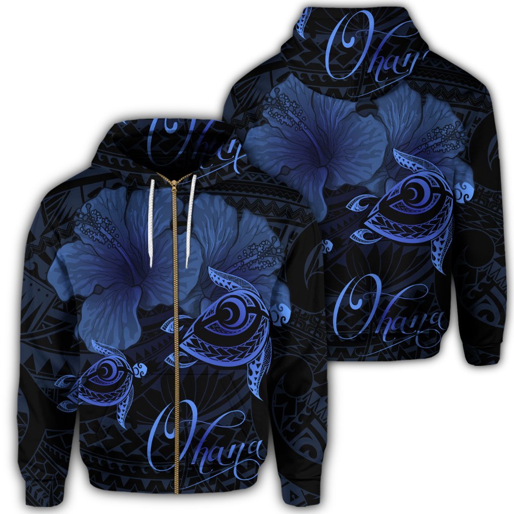 Hawaii Turtle Ohana Hibiscus Poly Zip Hoodie Blue Unisex Art - Polynesian Pride