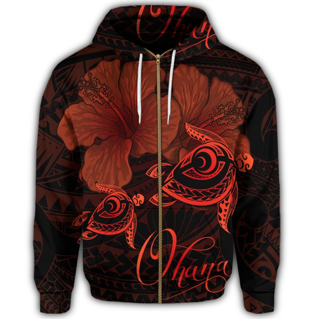 Hawaii Turtle Ohana Hibiscus Poly Zip Hoodie Orange - Polynesian Pride