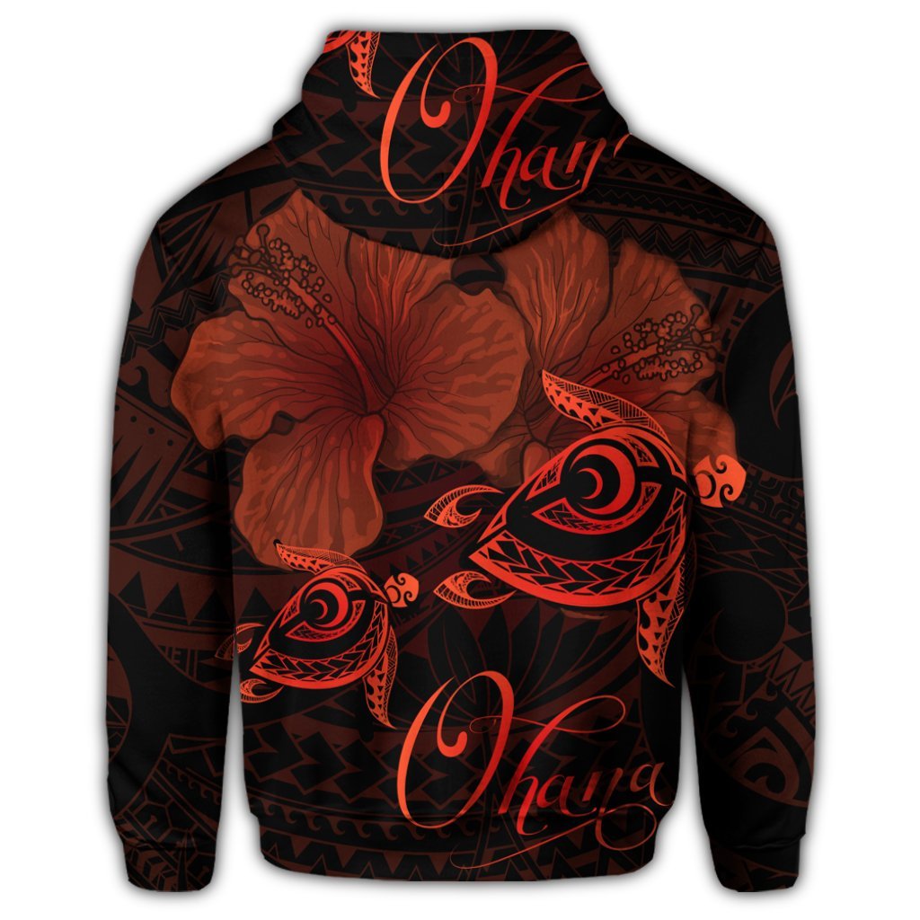 Hawaii Turtle Ohana Hibiscus Poly Zip Hoodie Orange - Polynesian Pride