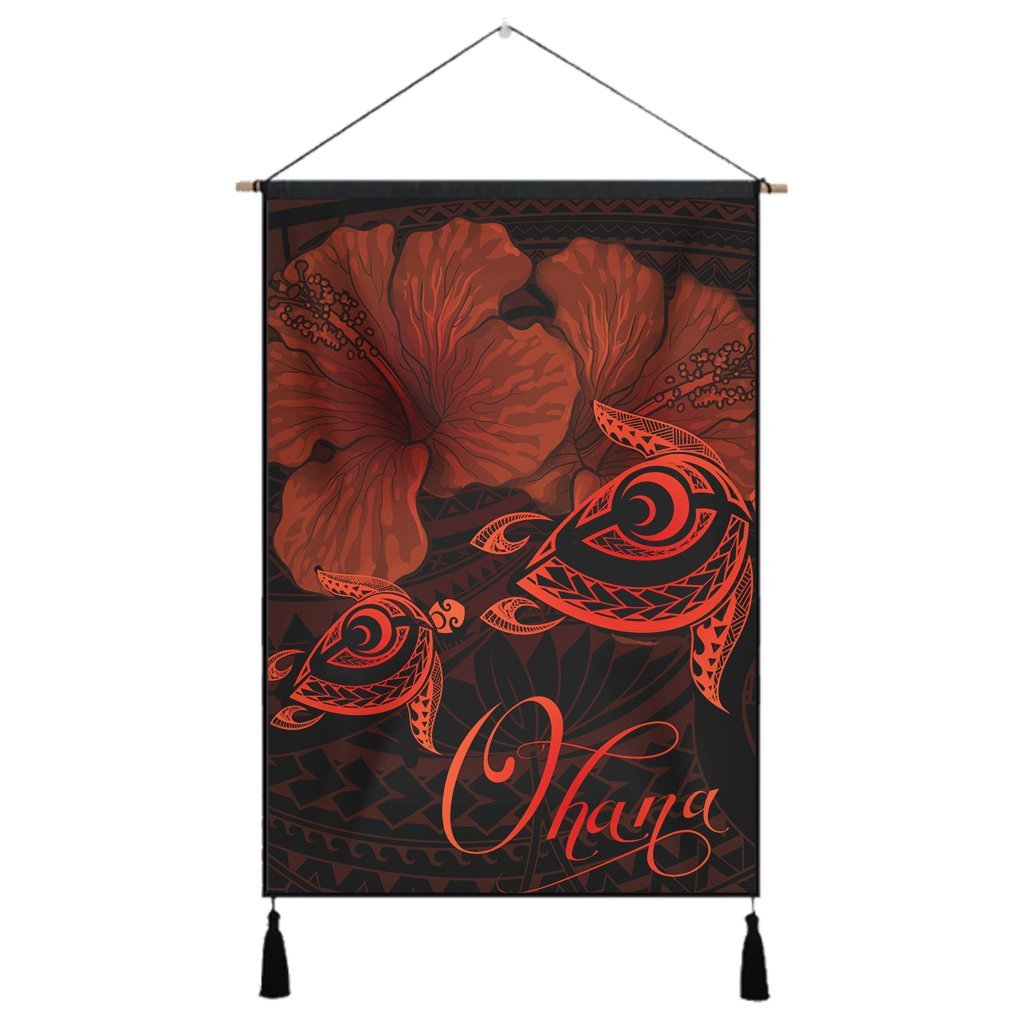 Hawaii Turtle Ohana Hibiscus Poly Hanging Poster - Orange - AH Hanging Poster Cotton And Linen - Polynesian Pride