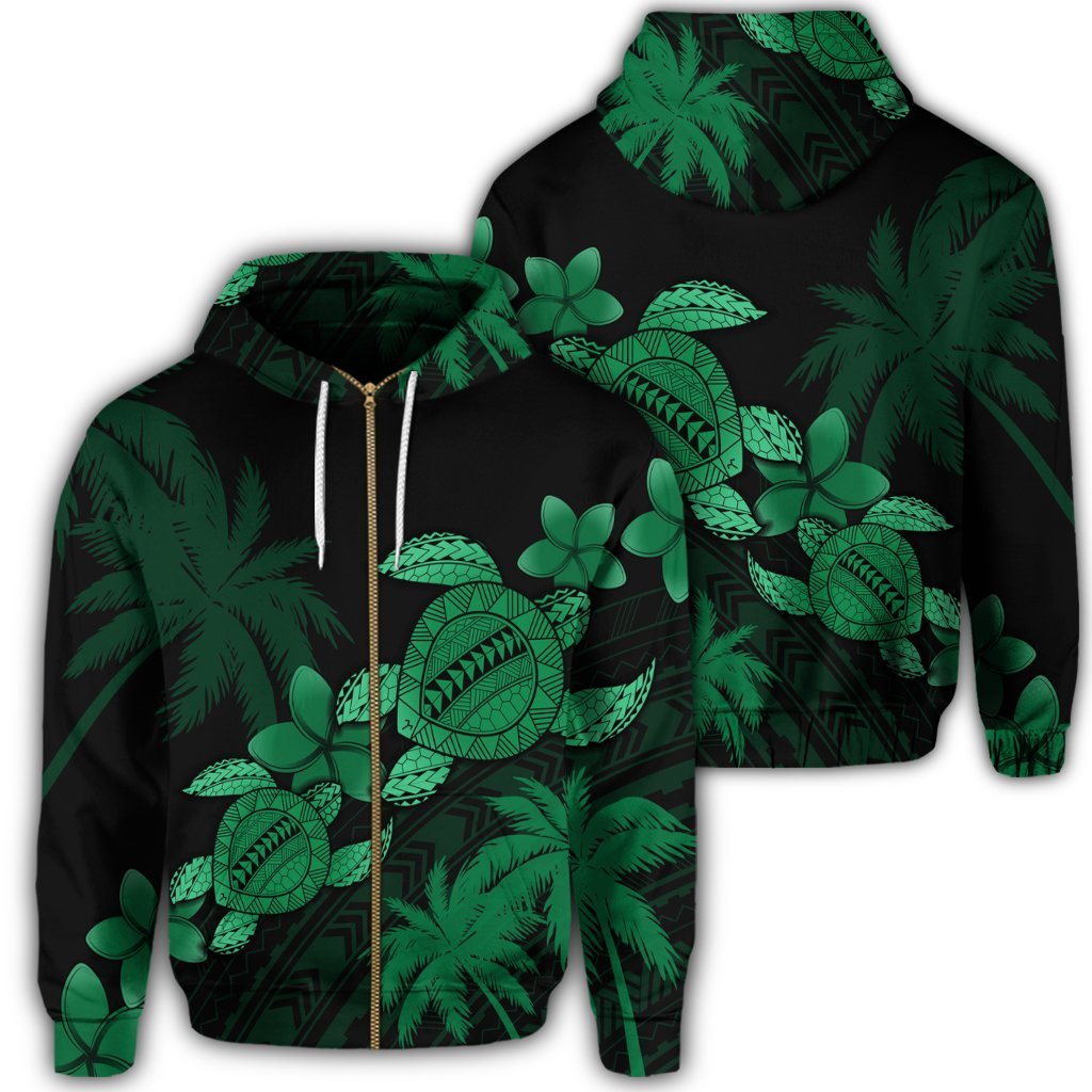 Hawaii Turtle Plumeria Coconut Tree Polynesian Zip Hoodie Green Unisex Art - Polynesian Pride