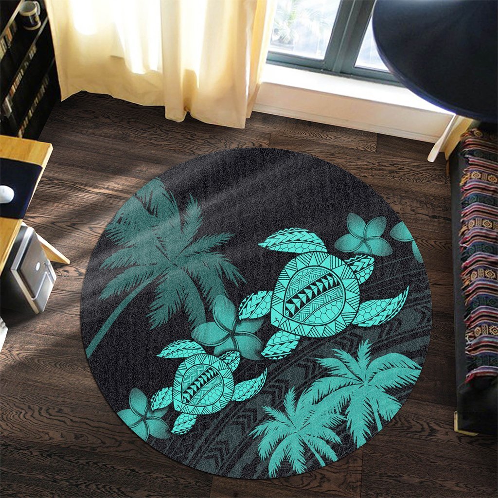 Hawaii Turtle Plumeria Coconut Tree Polynesian Round Carpet - Turquoise - AH - Polynesian Pride