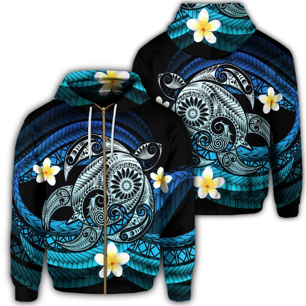 Hawaii Turtle Plumeria Polynesian Zip Hoodie Mela Style Unisex Art - Polynesian Pride