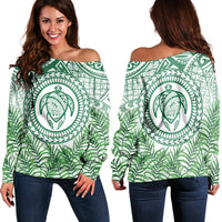 Hawaii Turtle Polyneian Palm Tree Leaf Women's Off Shoulder Sweater - AH Black - Polynesian Pride