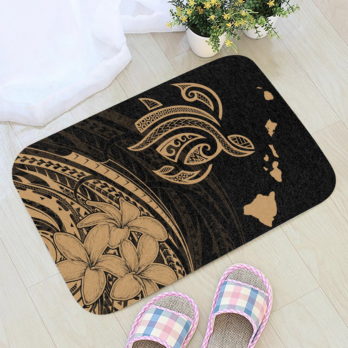 Hawaii Turtle Polynesian Map Plumeria Door Mat Gold AH - Polynesian Pride