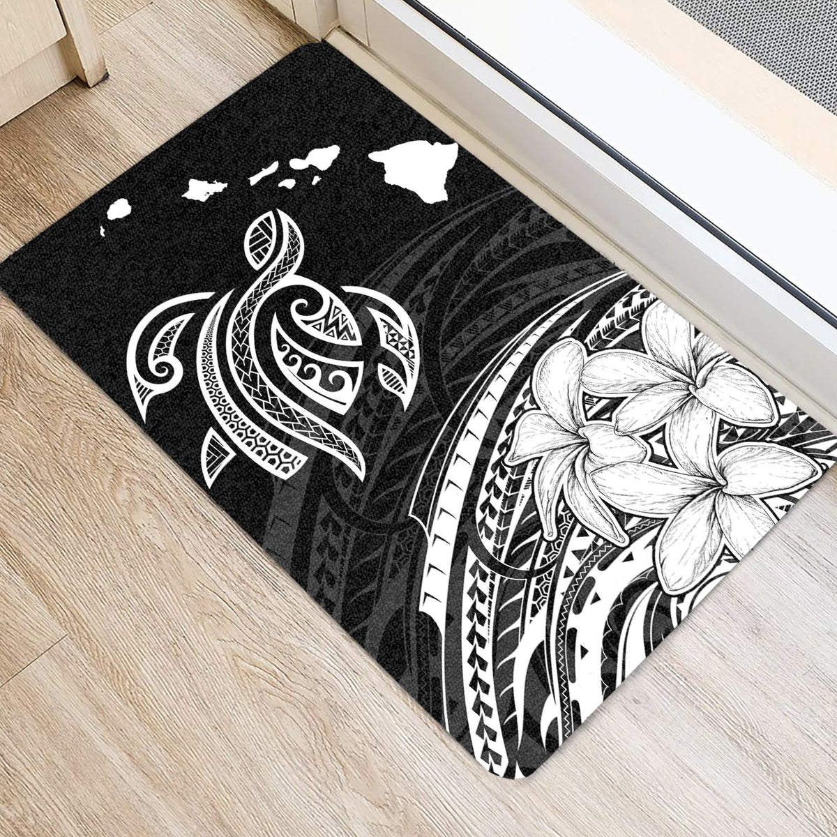 Hawaii Turtle Polynesian Map Plumeria Door Mat White AH - Polynesian Pride