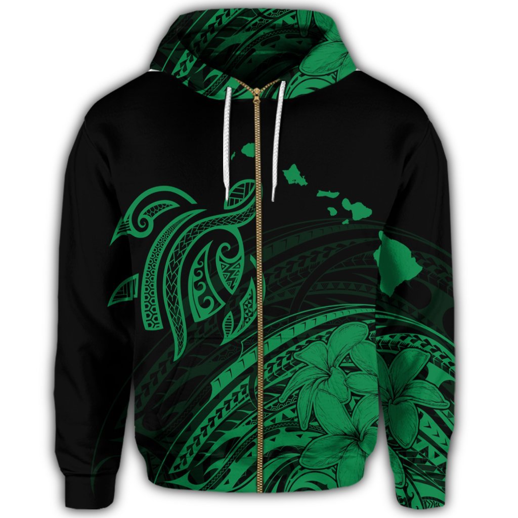 Hawaii Turtle Polynesian Map Plumeria Zip Hoodie Green - Polynesian Pride