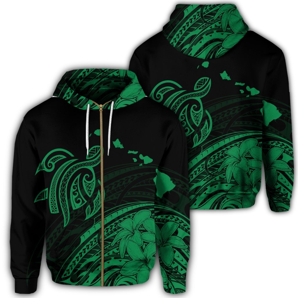 Hawaii Turtle Polynesian Map Plumeria Zip Hoodie Green Unisex Art - Polynesian Pride
