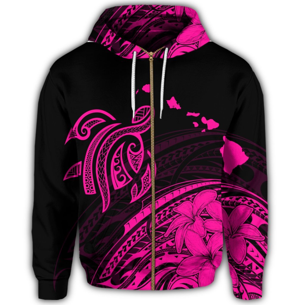 Hawaii Turtle Polynesian Map Plumeria Zip Hoodie Pink - Polynesian Pride