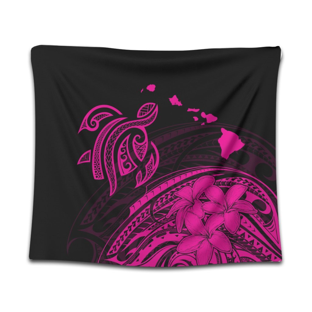 Hawaii Turtle Polynesian Map Plumeria Tapestry Pink - AH Wall Tapestry Black - Polynesian Pride