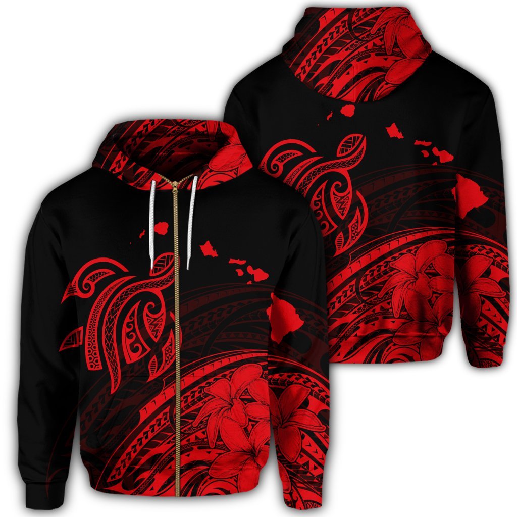 Hawaii Turtle Polynesian Map Plumeria Zip Hoodie Red Unisex Art - Polynesian Pride