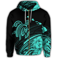 Hawaii Turtle Polynesian Map Plumeria Zip Hoodie Turquoise - Polynesian Pride