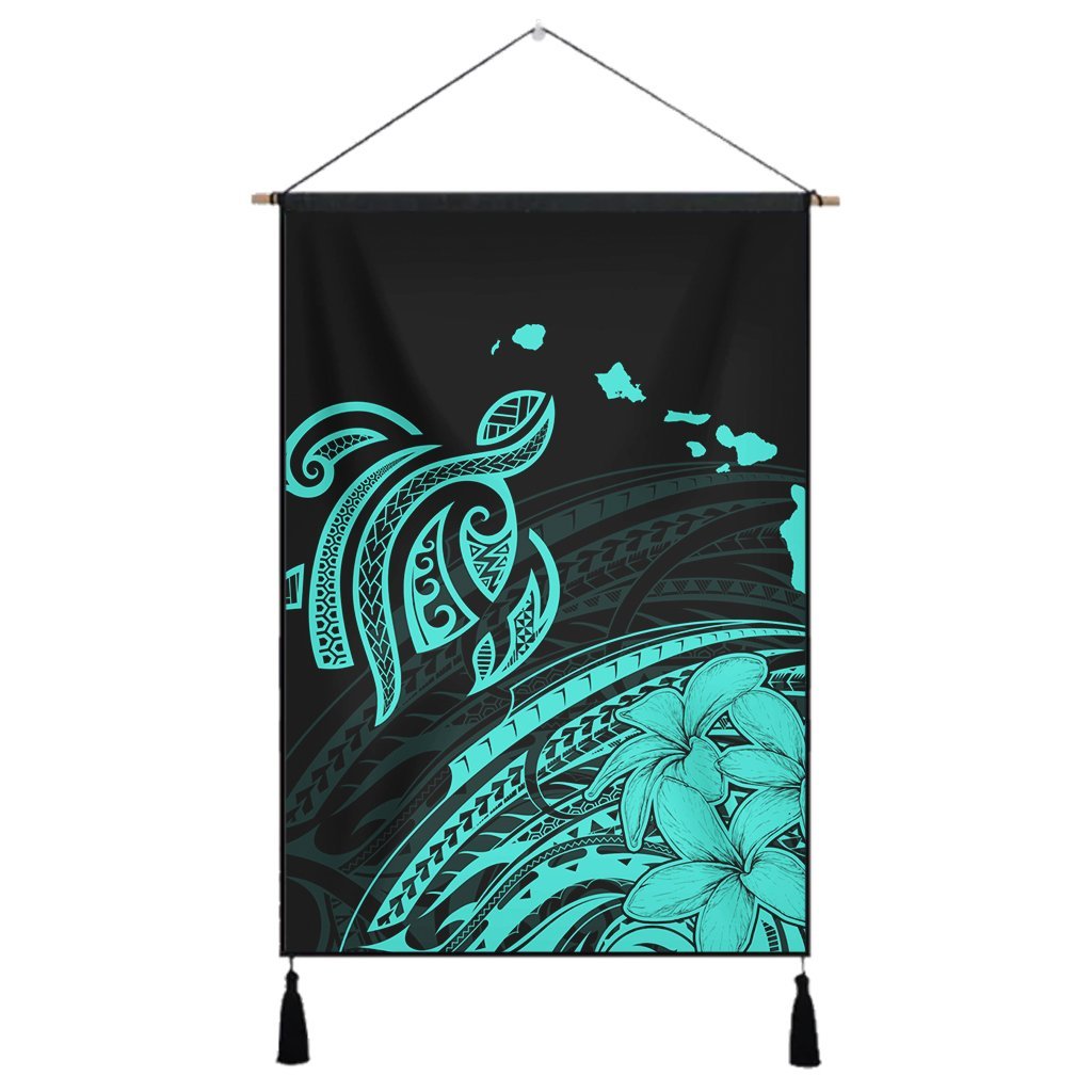 Hawaii Turtle Polynesian Map Plumeria Hanging Poster Turquoise - AH Hanging Poster Cotton And Linen - Polynesian Pride