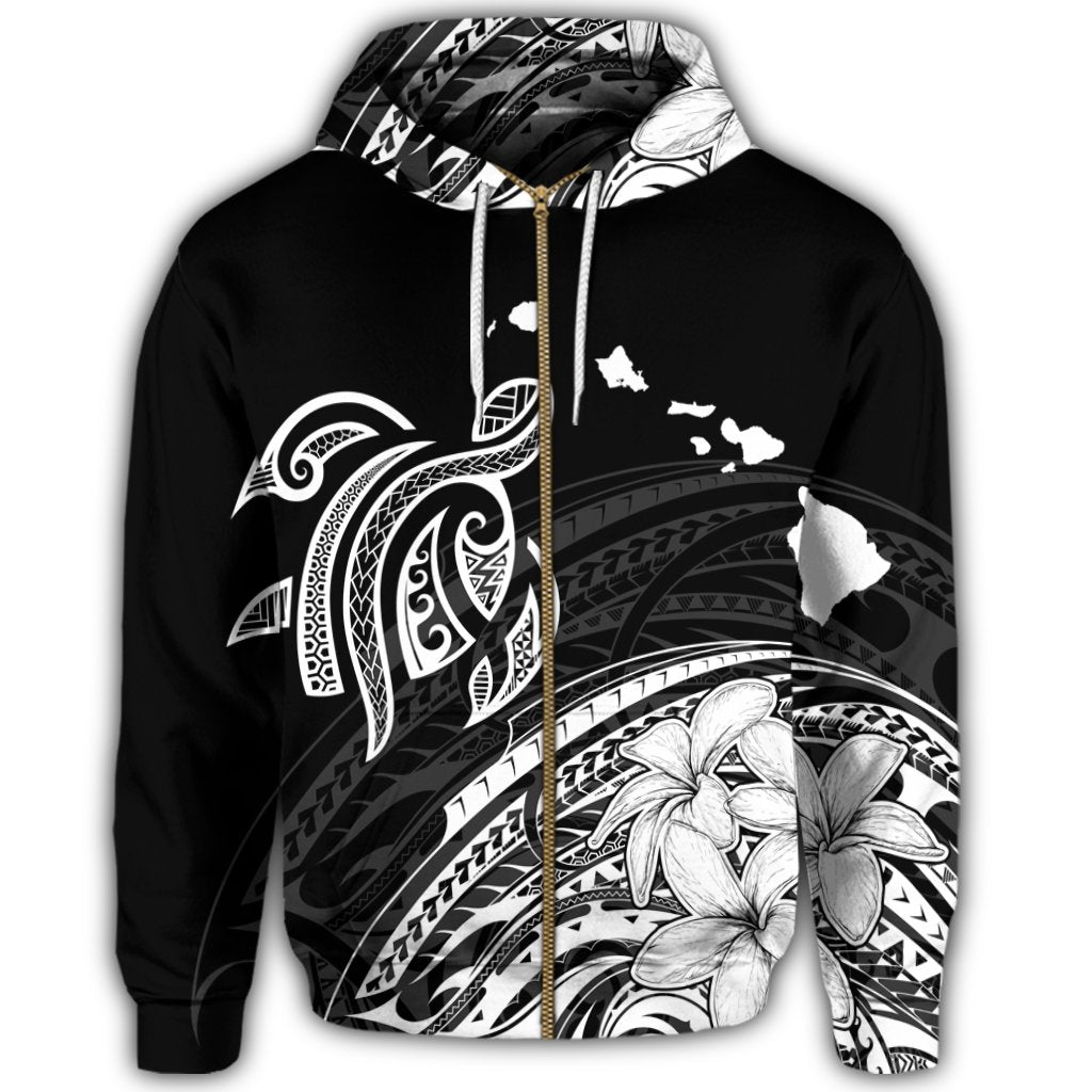 Hawaii Turtle Polynesian Map Plumeria Zip Hoodie White - Polynesian Pride