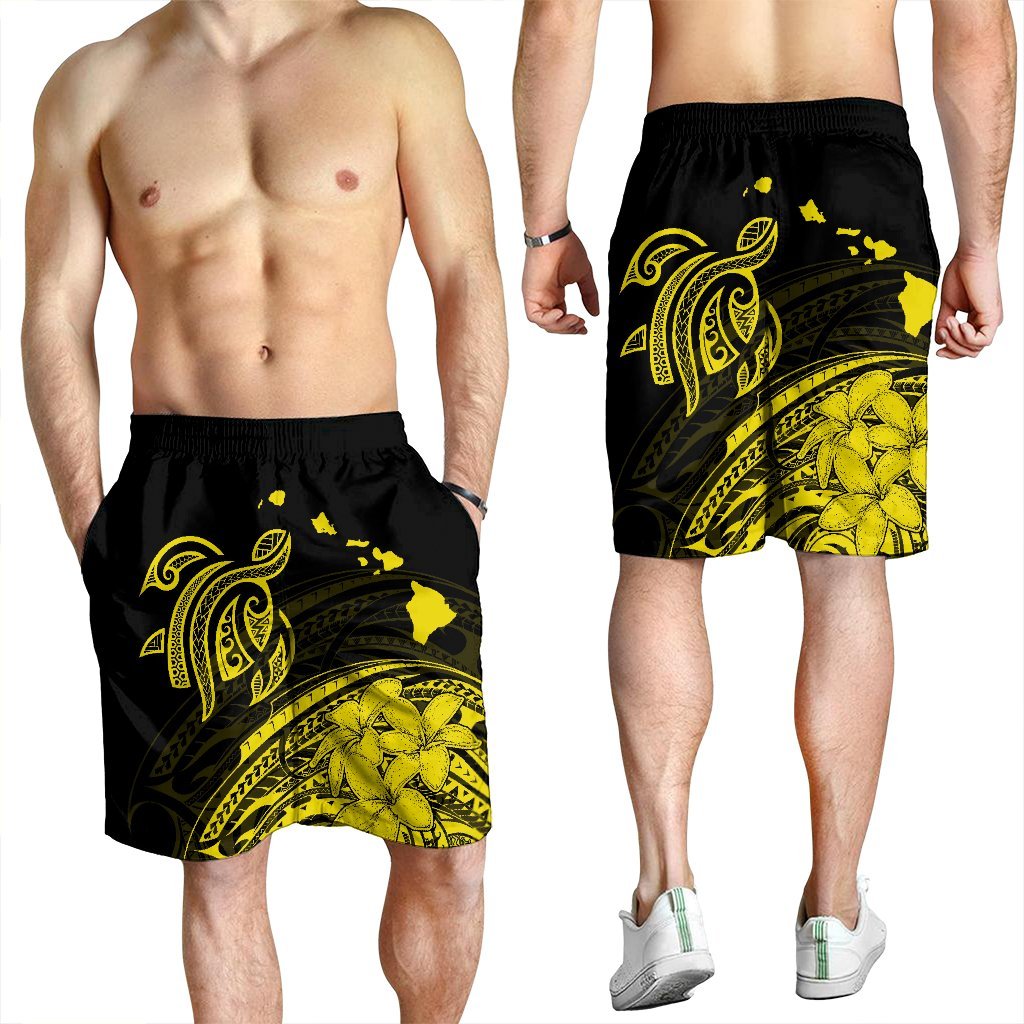 Hawaii Turtle Polynesian Map Plumeria Yellow Men's Shorts - AH - Polynesian Pride