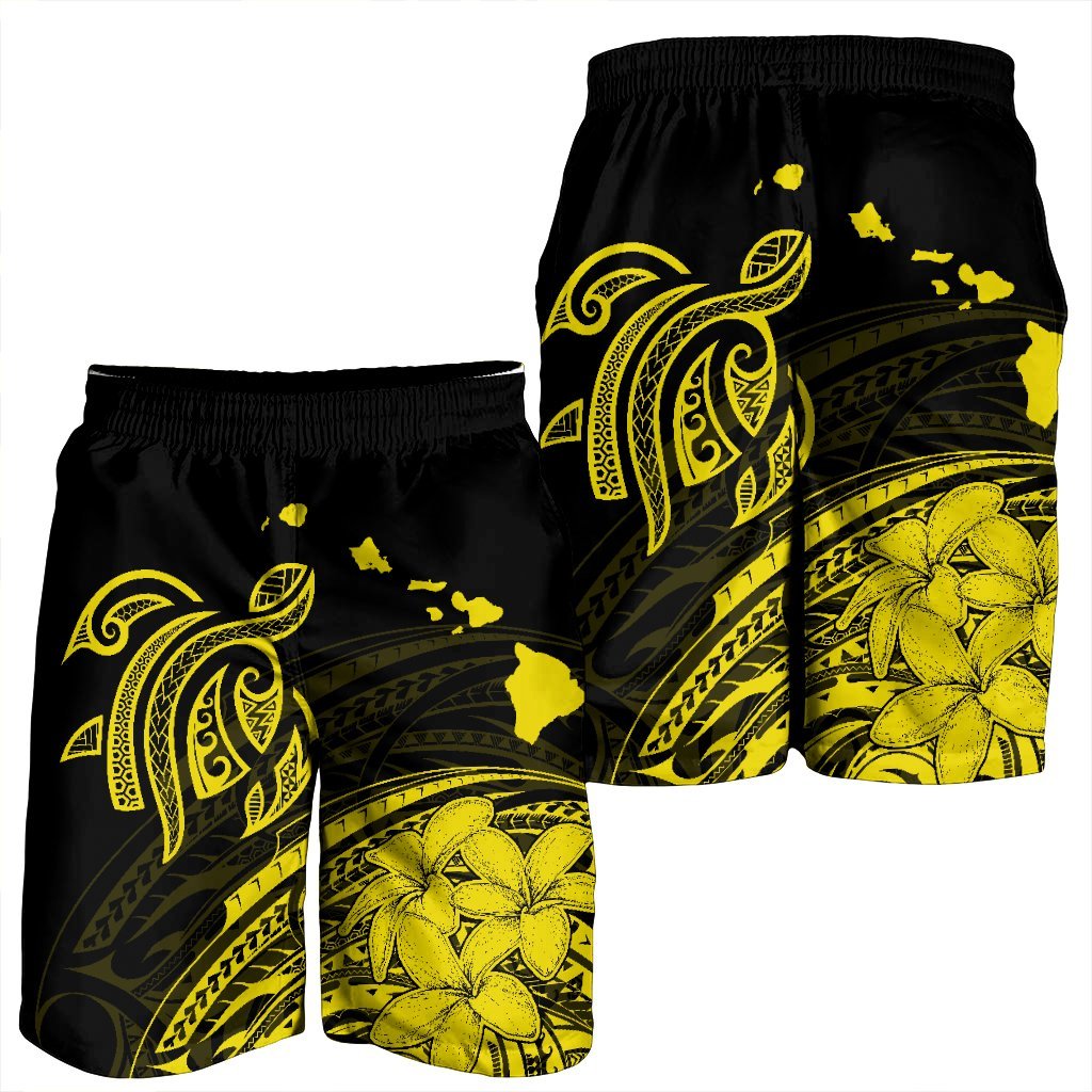 Hawaii Turtle Polynesian Map Plumeria Yellow Men's Shorts - AH - Polynesian Pride
