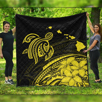Hawaii Turtle Polynesian Map Plumeria Yellow Premium Quilts - AH Black - Polynesian Pride