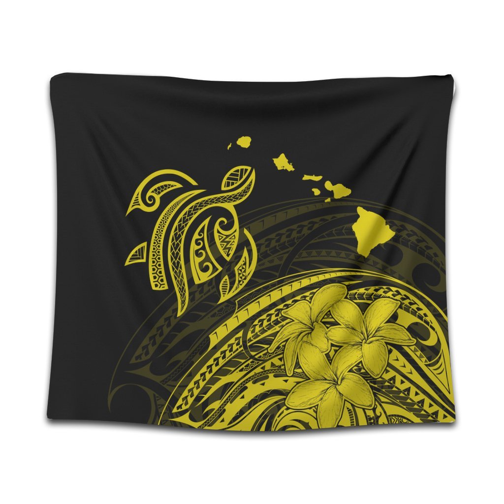 Hawaii Turtle Polynesian Map Plumeria Yellow Tapestry - AH Wall Tapestry Black - Polynesian Pride