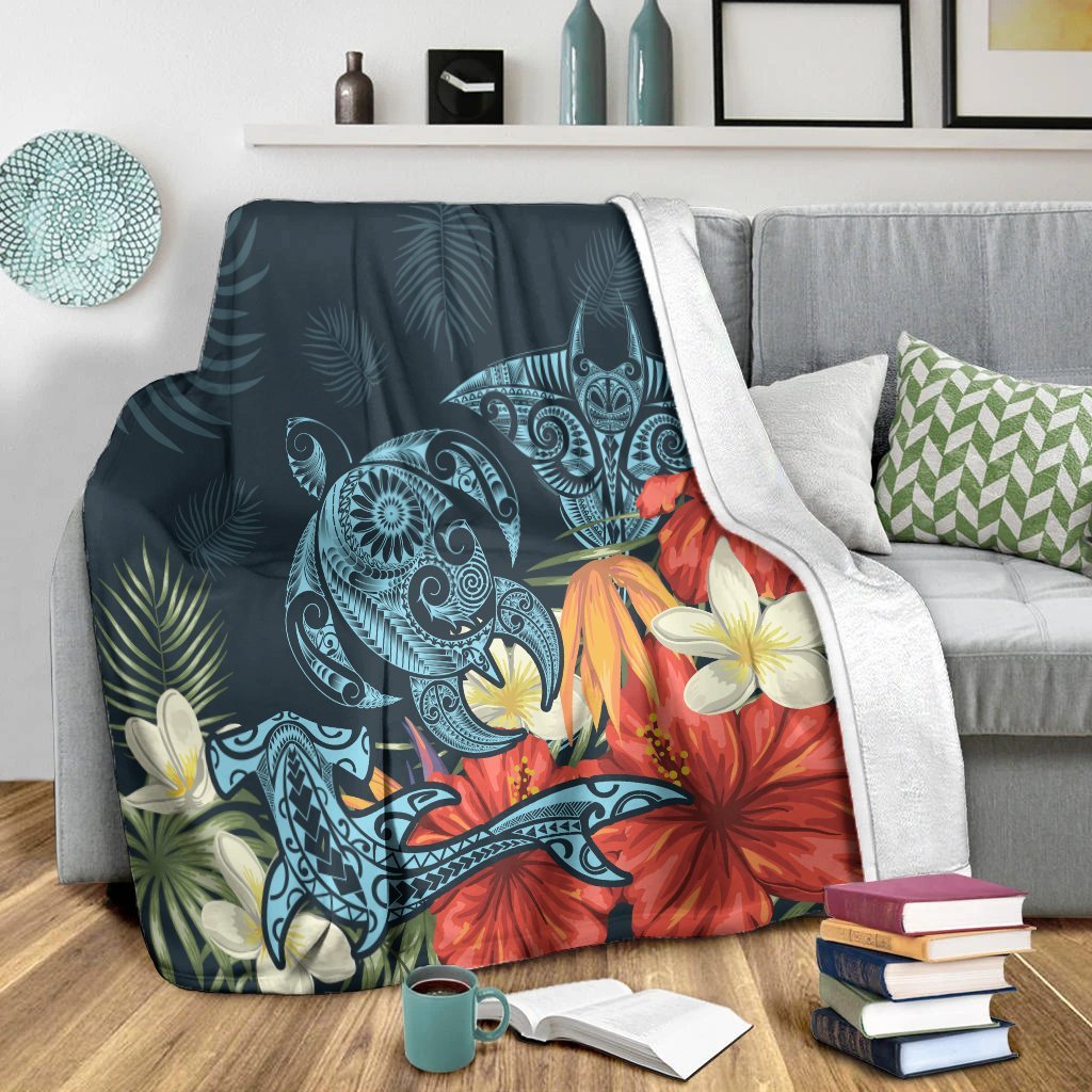 Hawaii Turtle Shark Manta Ray Hibiscus Plumeria Premium Blankets - AH - Polynesian Pride