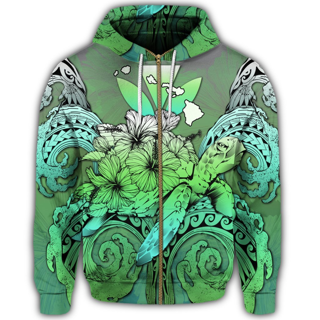 Hawaii Turtle Wave Polynesian Zip Hoodie Hey Style Green - Polynesian Pride