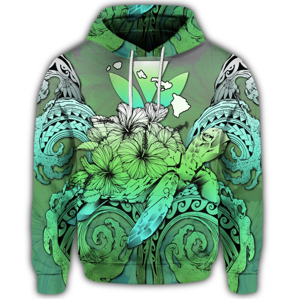 Hawaiian Turtle Wave Polynesian Hoodie Hey Style Green - Polynesian Pride
