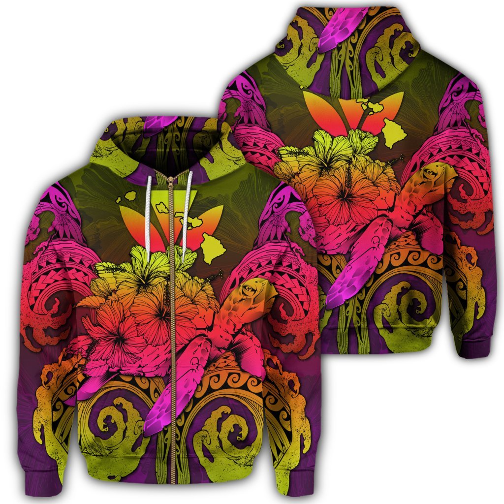 Hawaii Turtle Wave Polynesian Zip Hoodie Hey Style Pinky Unisex Art - Polynesian Pride