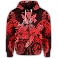 Hawaii Turtle Wave Polynesian Zip Hoodie Hey Style Red - Polynesian Pride