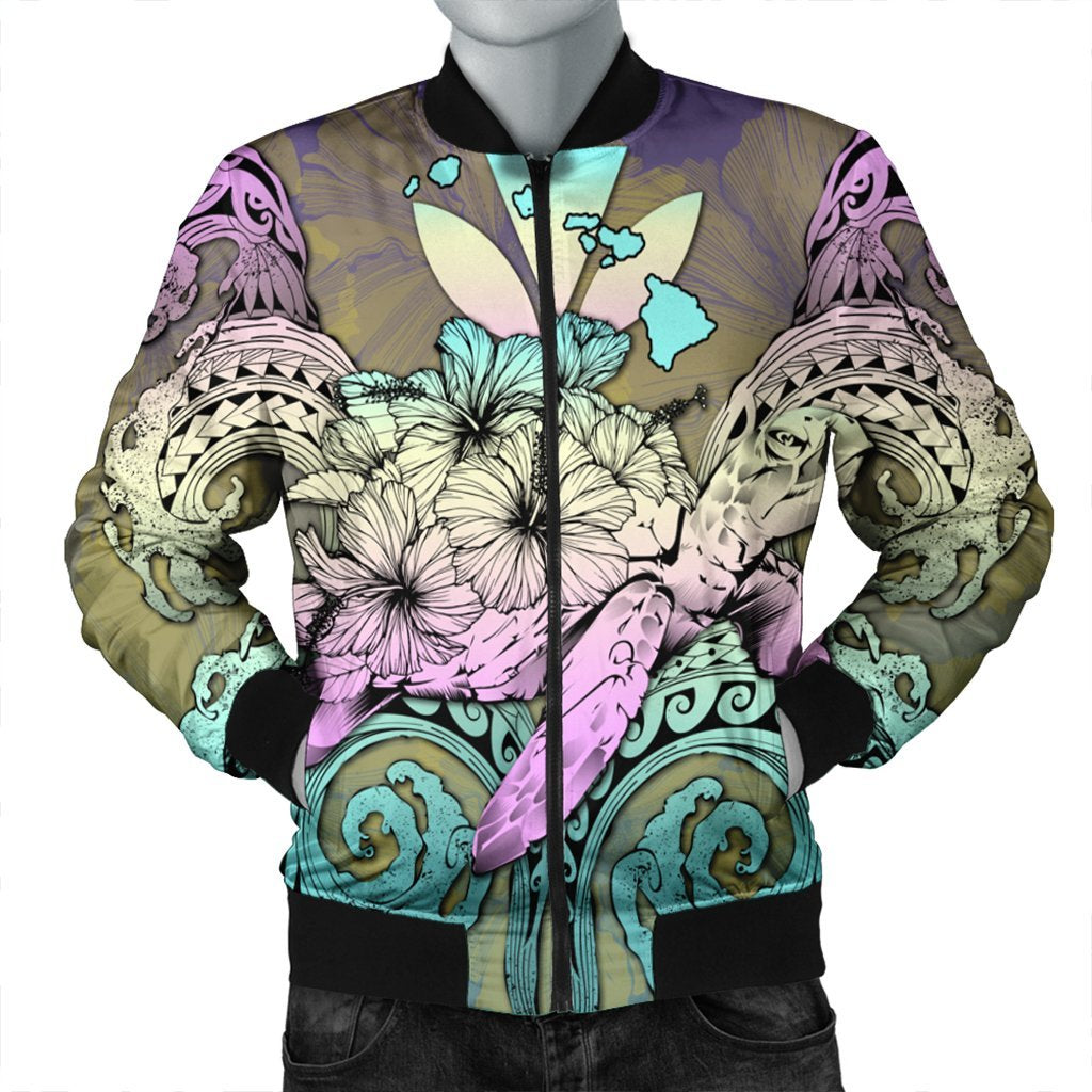 Hawaii Turtle Wave Polynesian Bomber Jacket - Hey Style Yellow - AH Black Unisex - Polynesian Pride