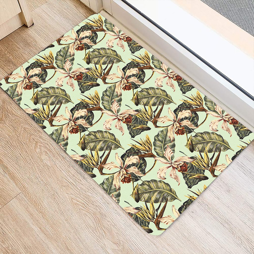 Hawaii Vintage Tropical Jungle Leaves Orchid Bird Hawaii Door Mat - Polynesian Pride