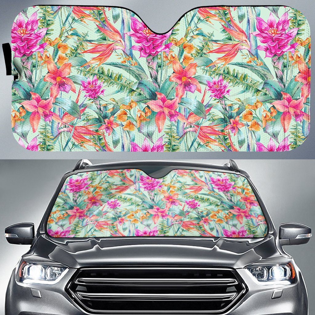 Hawaii Watercolor Vintage Floral Tropical Bird of Paradise Hawaii Car Sun Shade Auto Sun Shade Universal Fit White - Polynesian Pride