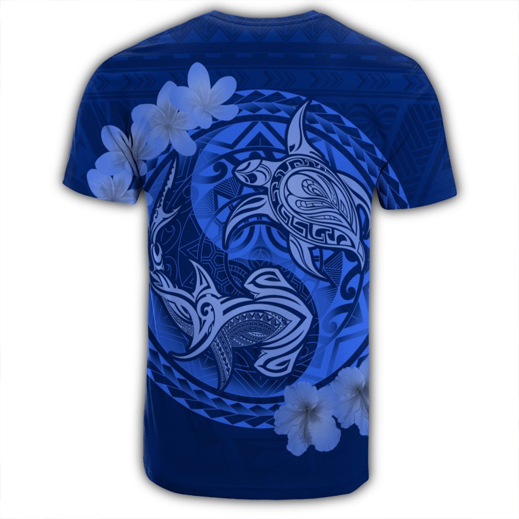 Hawaii Yin Yang Turtle Shark Hibiscus Plumeria T Shirt Blue - Polynesian Pride